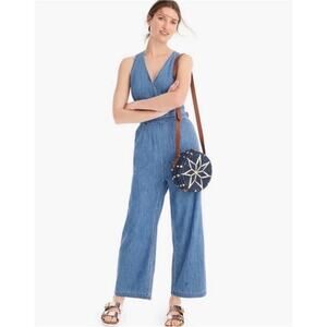 J CREW Point Sur Wide Leg Tailored Indigo Blue Denim Jumpsuit Size 6 Sleeveless
